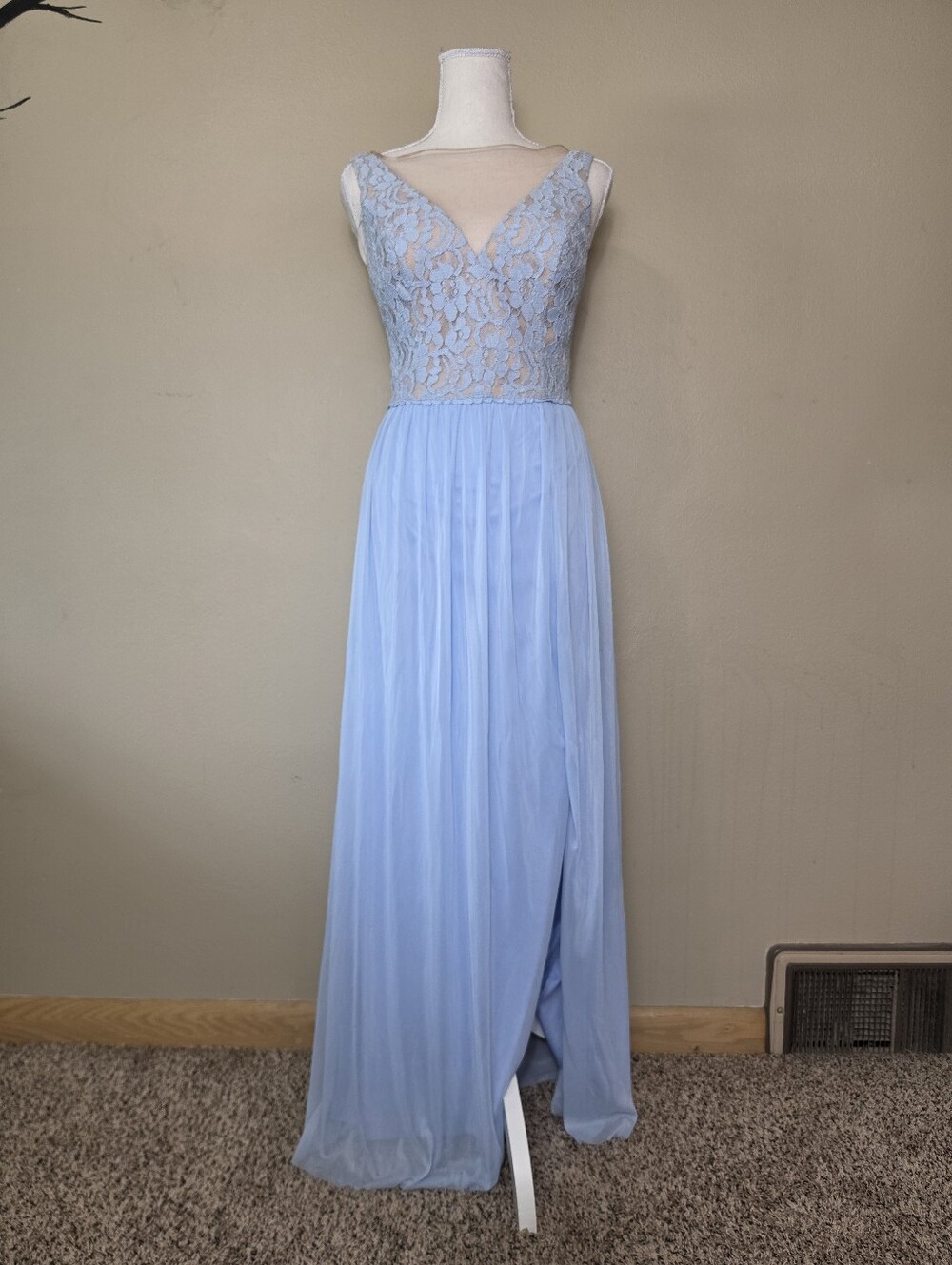 David's Bridal Light Blue Lace Chiffon Maxi Dress | V-Neck Bridesmaid Gown